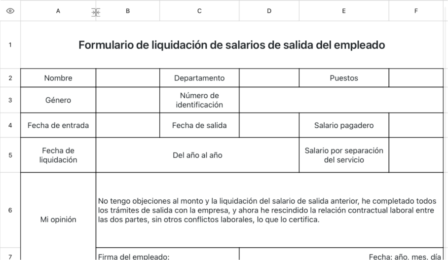 Formulario de liquidación de salarios de salida